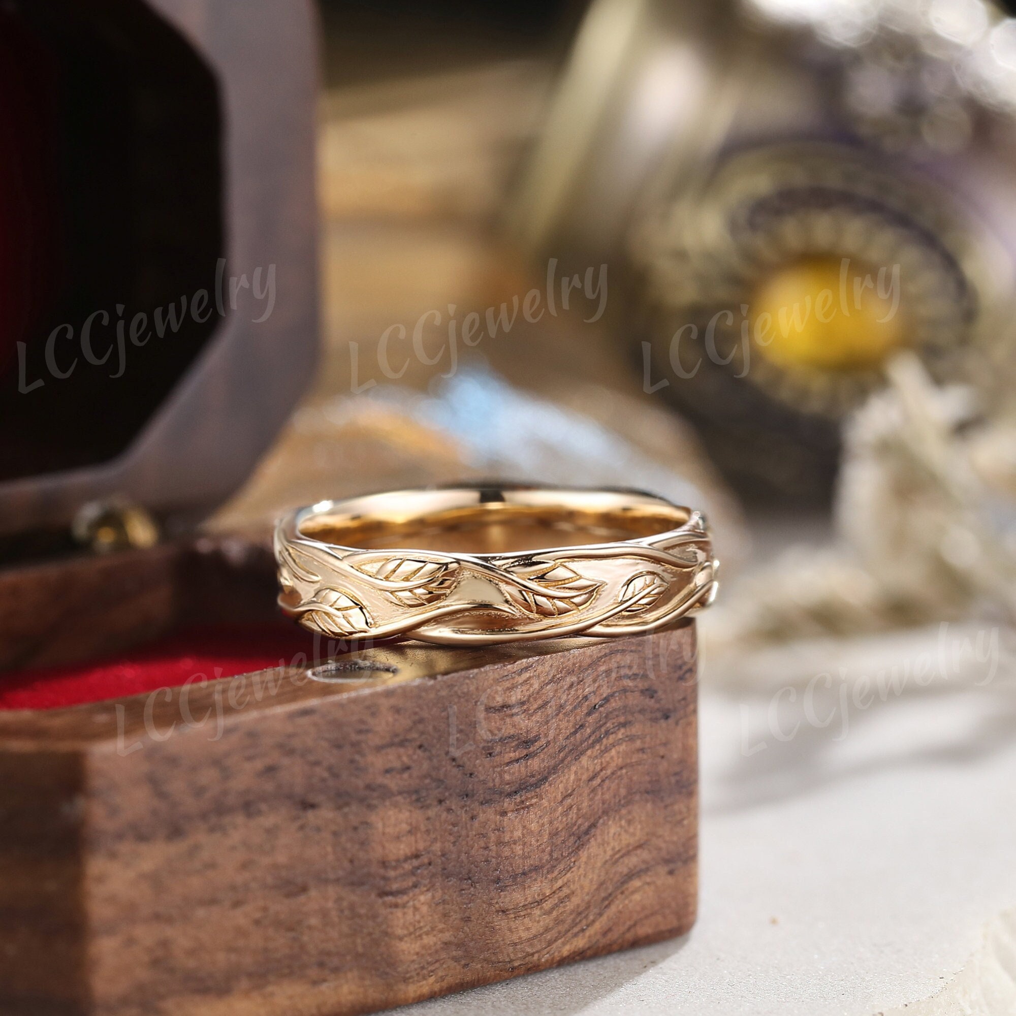 5mm Unique Leaf Wedding Band Mens Yellow Gold Art Deco Leaf Branch Vines Design Wedding Ring Men Anniversary Custom Jewelry Rings For Men
