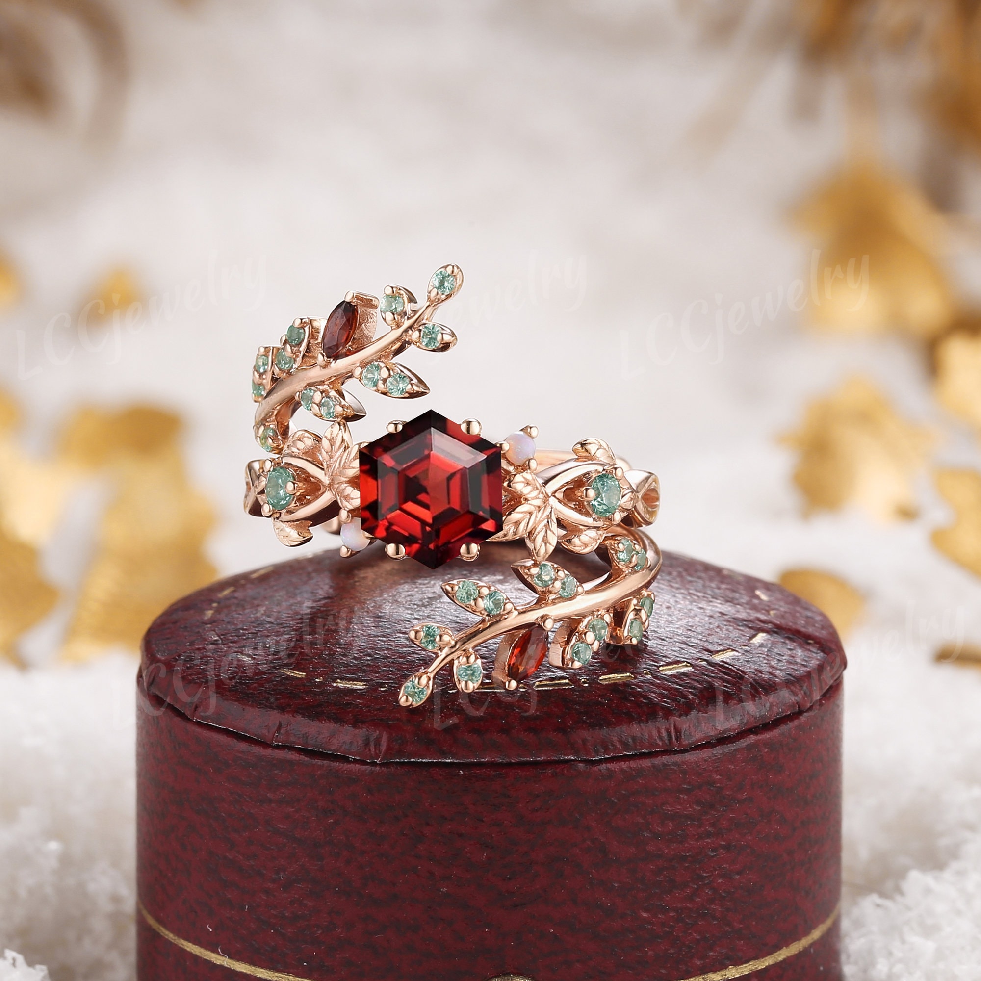Vintage Hexagon Garnet Floral Engagement Ring Set Rose Gold Green 