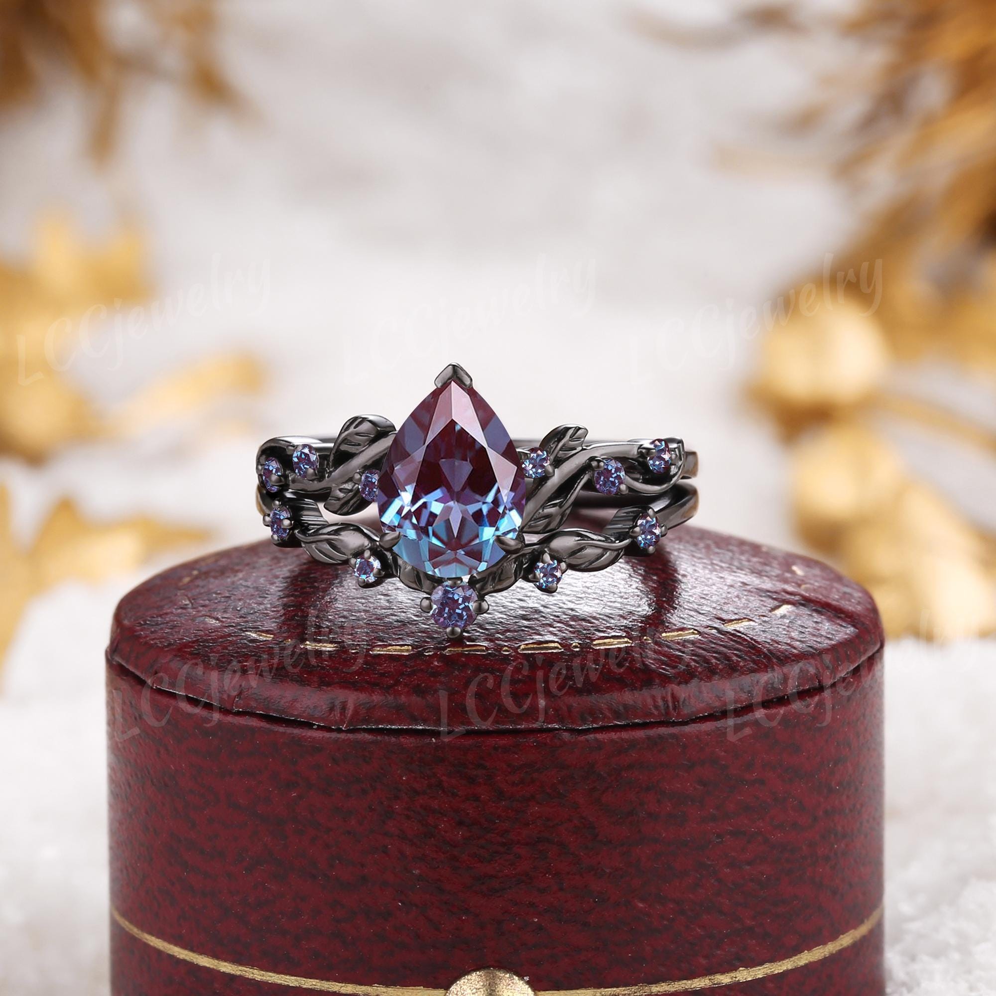 Vintage Gothic Alexandrite Engagement Ring Set, Leaf Branch