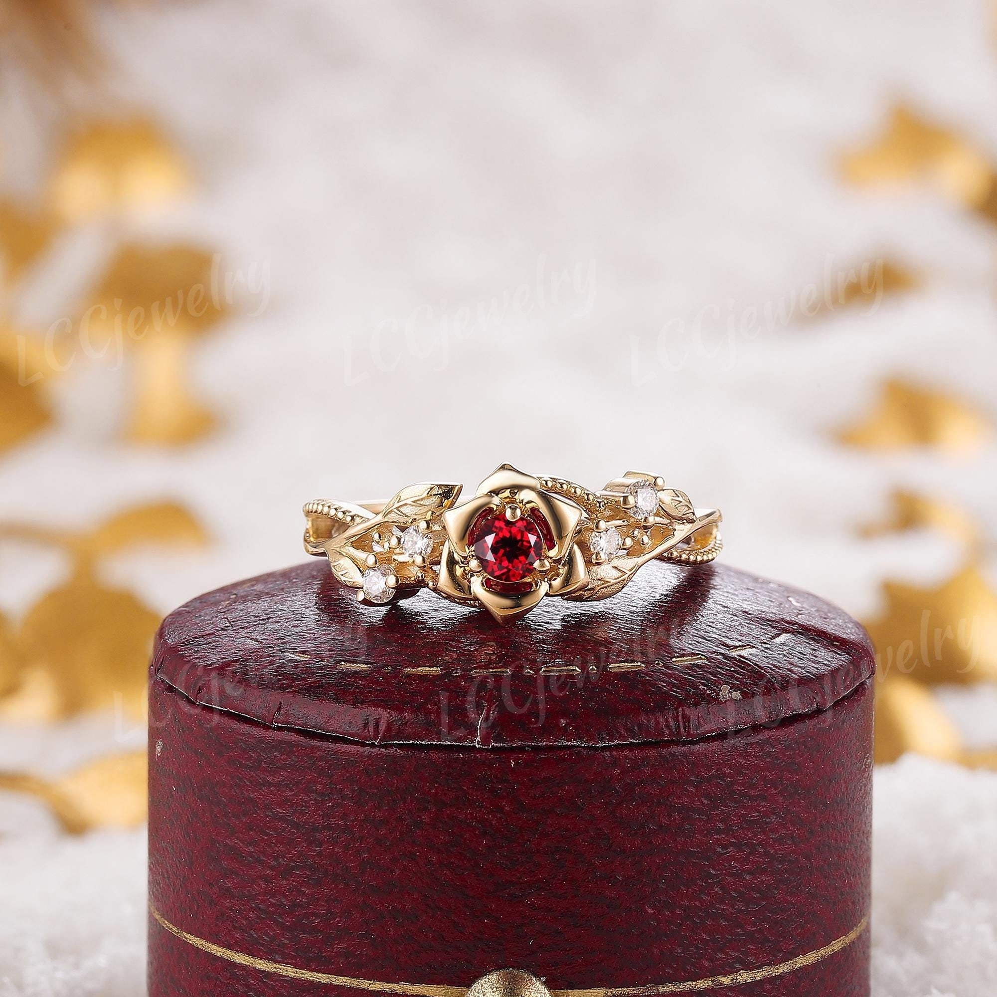 Vintage Ruby  Engagement Ring Yellow Gold  Diamond Nature Rose Flower Design Branch Wedding Ring Citrine Cluster Anniversary Rings For Her