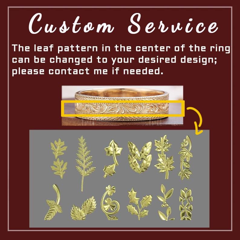 Custom Men's Leaf Wedding Band, Vintage 5mm Width in Solid Yellow Gold ...