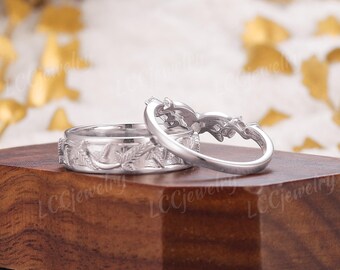 2pcs Lorien Leaf Engraving Couple's Wedding Band, 14k White Gold