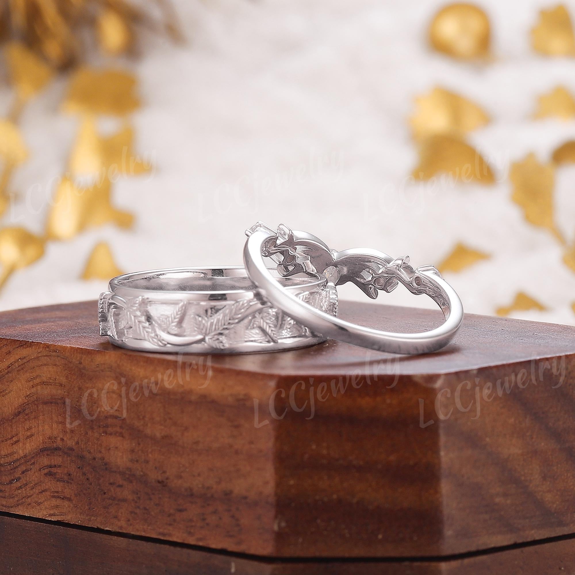 2pcs Lorien Leaf Engraving Couple's Wedding Band, 14k White Gold
