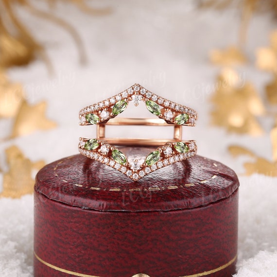Unique Marquise Peridot Double Curved Wedding Band Rose Gold Art Deco  Diamond Ring Enhancer Promise Bridal Ring Anniversary Gift For Her