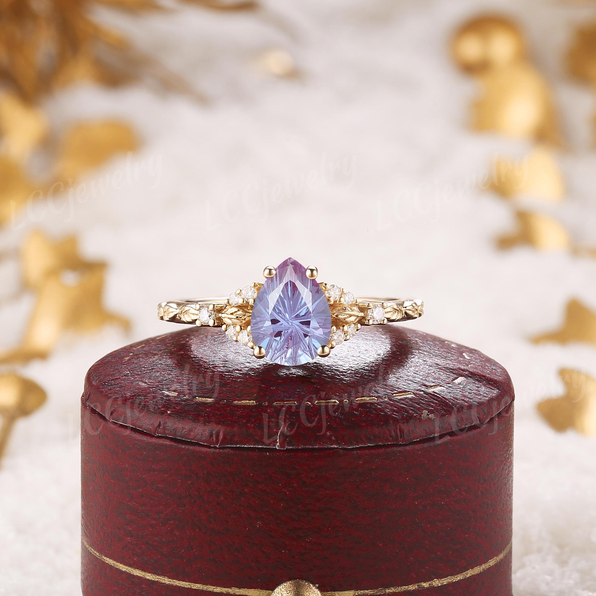 Nature Inspired Fireworks Cut Alexandrite Engagement Ring Set