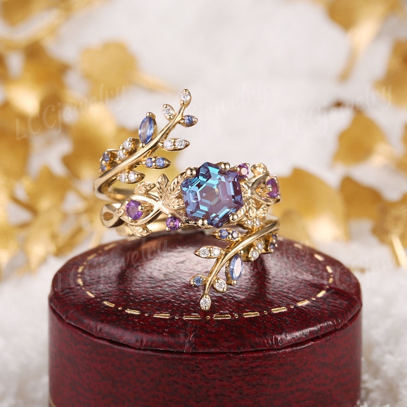 Vintage Alexandrite Floral Engagement Ring Set Rose Gold Alexandrite Wedding Ring Set Leaf Sapphire Enhancer Wedding Band Rings For Women image 6