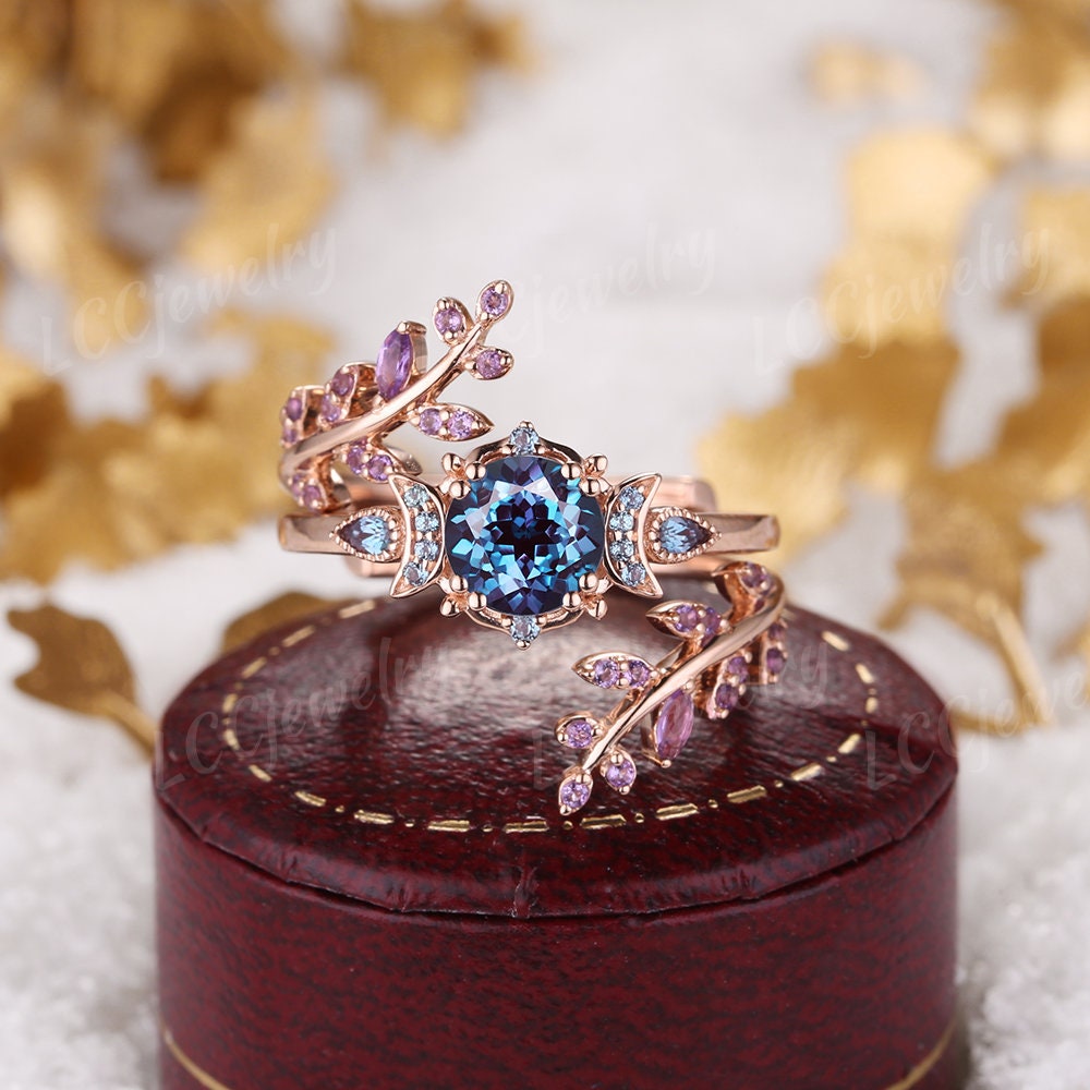 Vintage Alexandrite Engagement Ring Set Rose Gold Sailor Moon