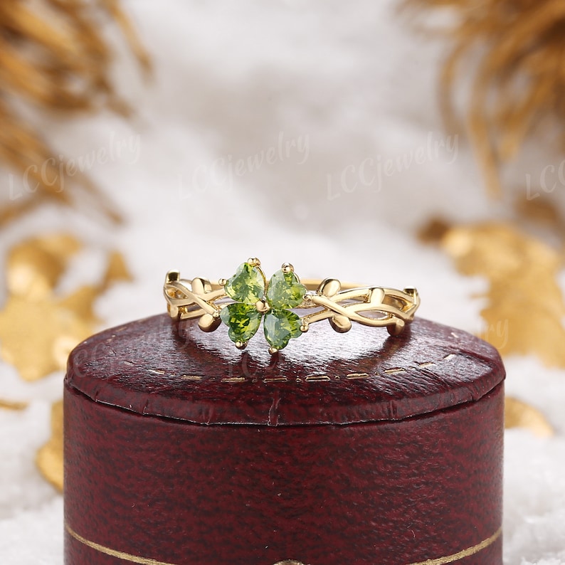 Unique Peridot Lucky Four Clover Engagement Ring Nature Inspired Leaf ...