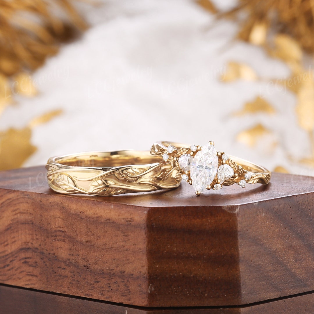 2pcs Nature Inspired Couple Rings Set Yellow Gold Moissanite Woodland ...