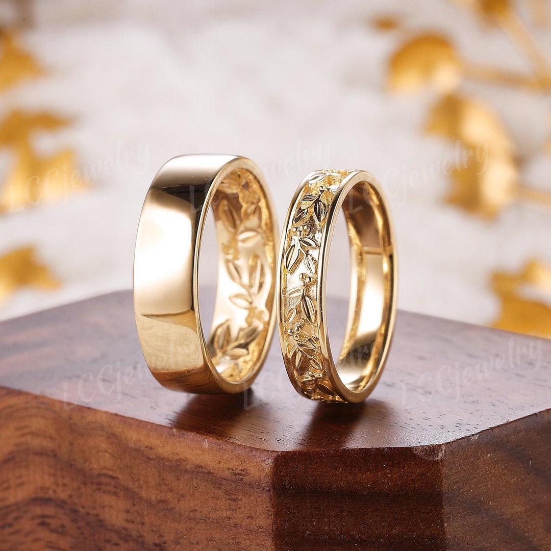 Olive Leaf Design Couple Rings, 2pcs Nature Inspired Wedding Ring