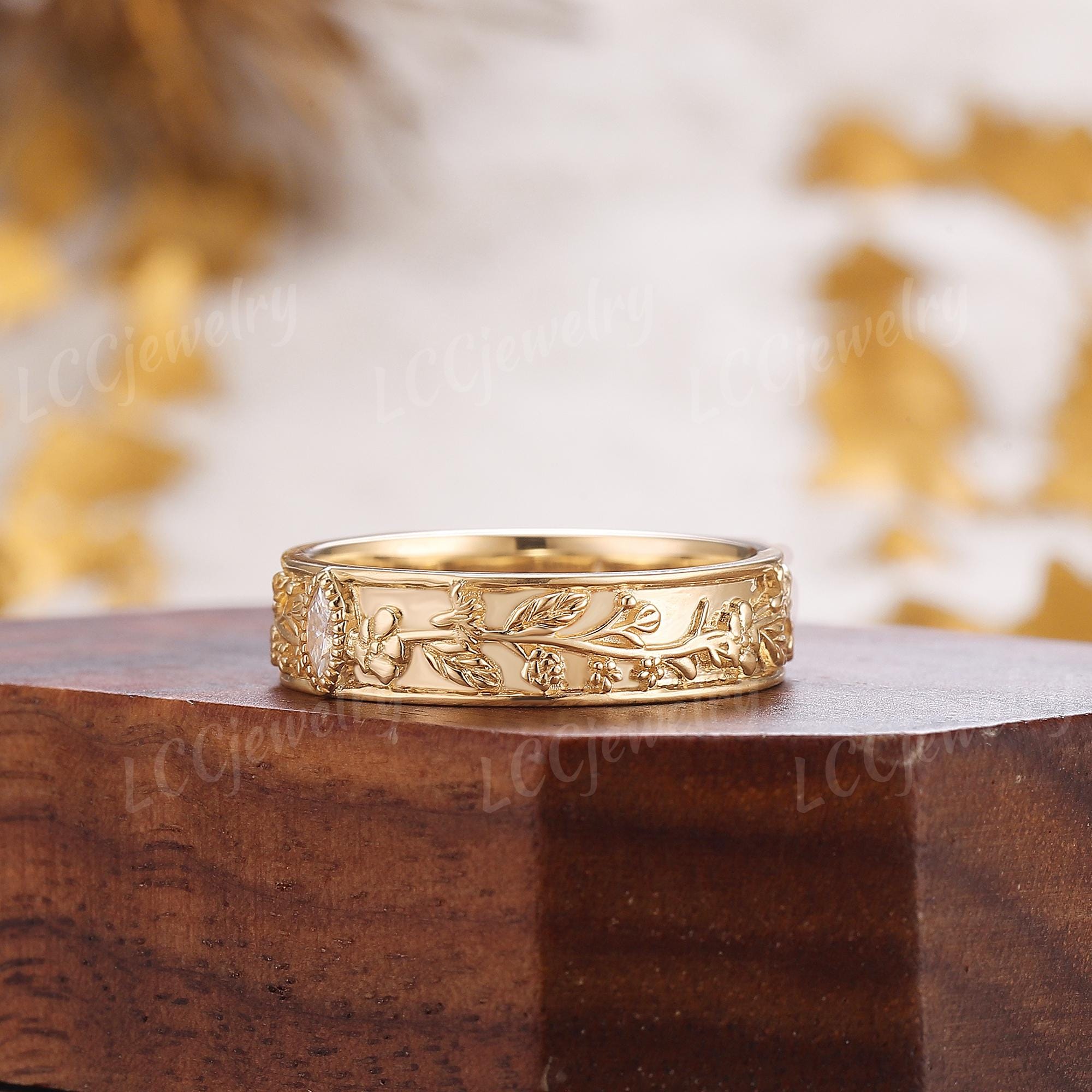Nature Inspired Birth Floral Moissanite Wedding Band Yellow Gold