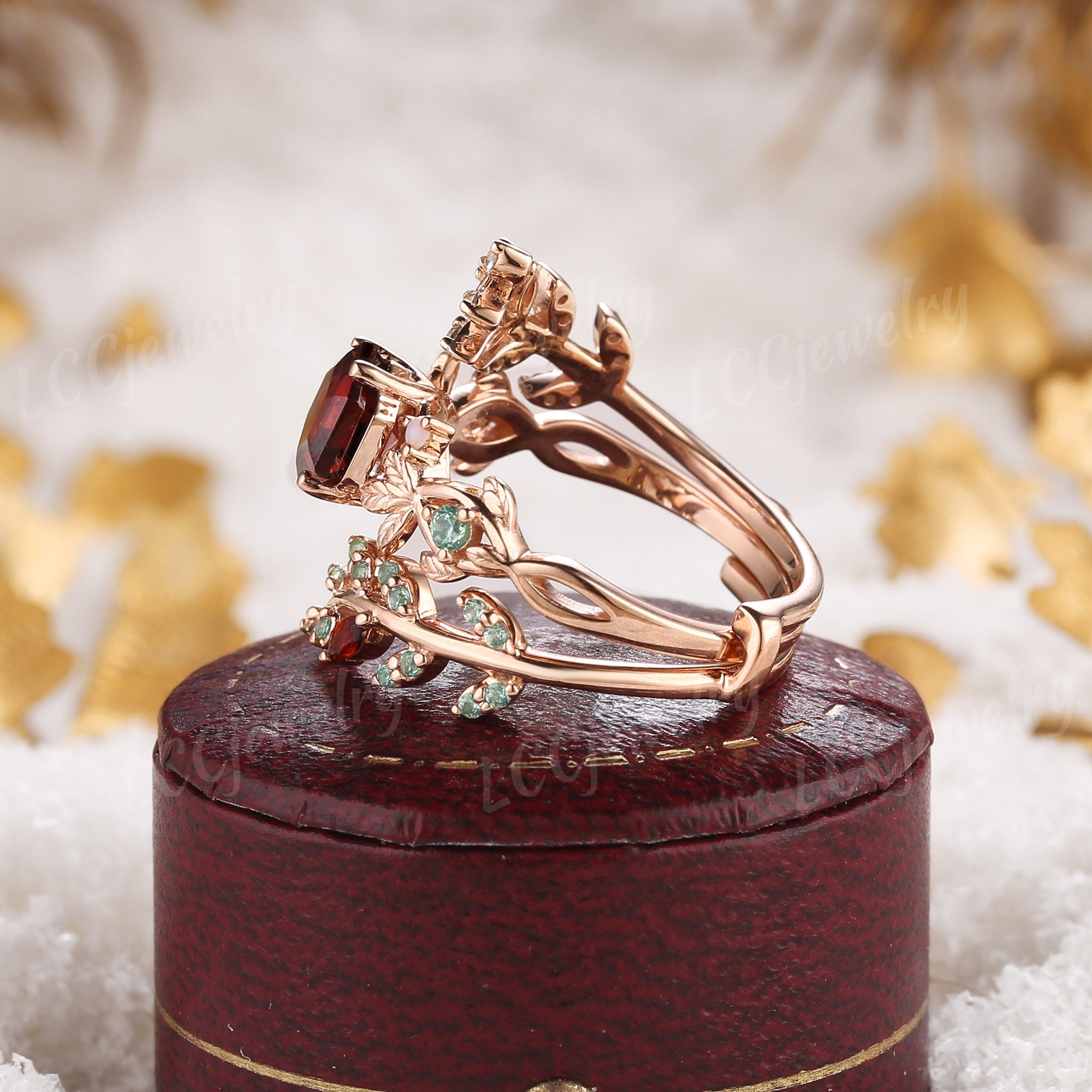 Vintage Hexagon Garnet Floral Engagement Ring Set Rose Gold Green