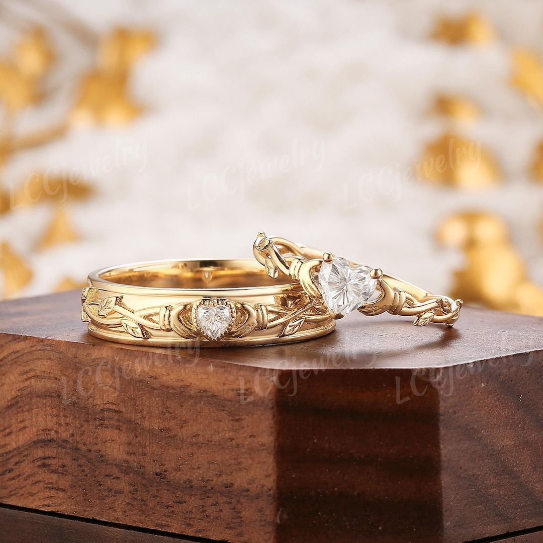 Ringheart Couple Matching Rings | Yellow Gold Plated Claddagh Rings With Cross & Crown Design