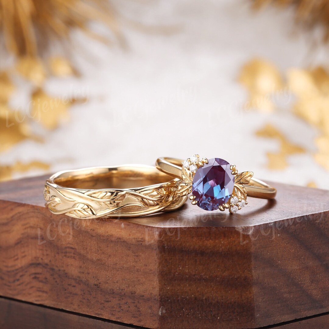 2pcs Nature Inspired Couple Rings Set Alexandrite Engagement Rings Mens ...
