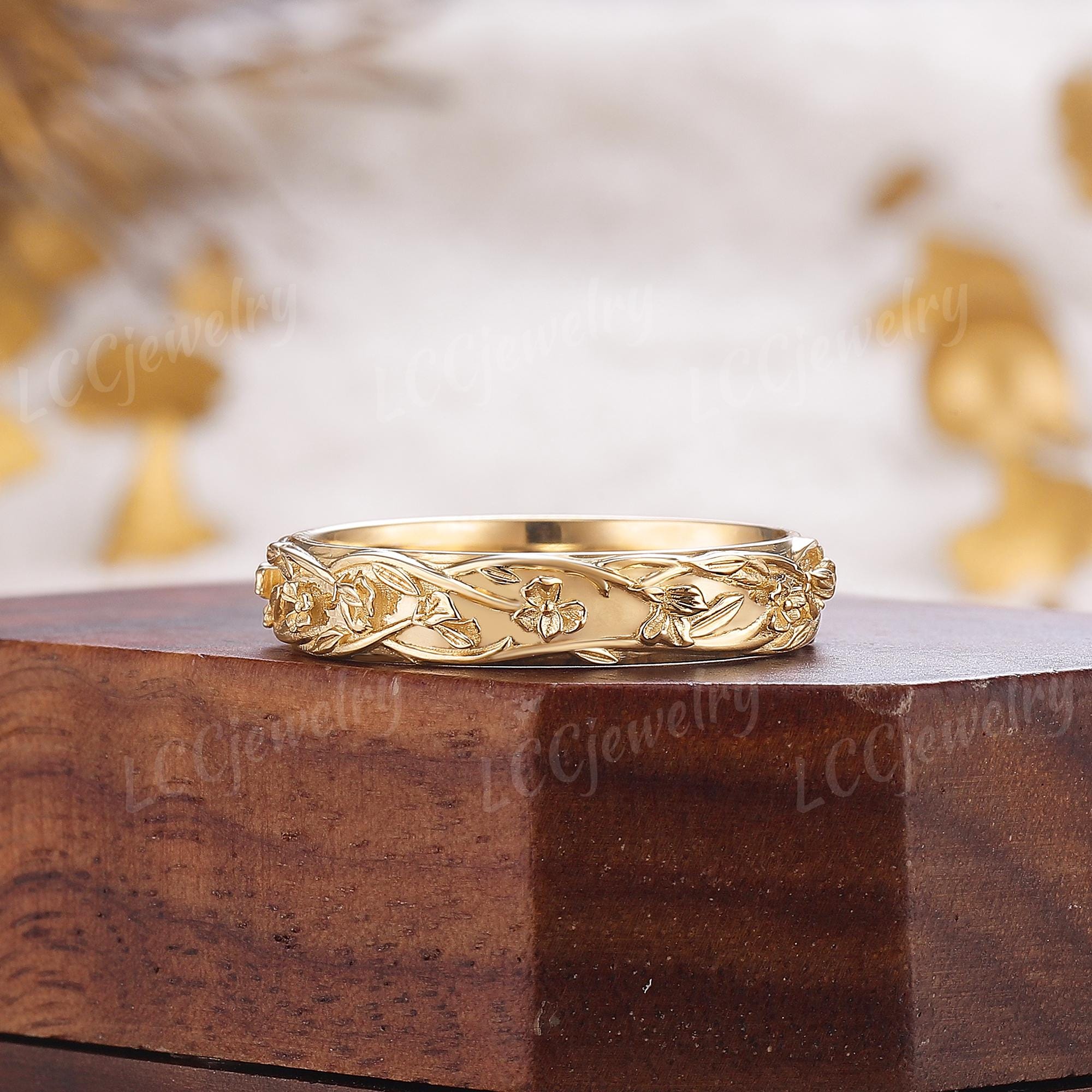 Custom Sweet Pea Birth Flower Ring, Handmade 14K Solid Gold Wedding Engagement Ring for Women, Nature Inspired Anniversary Gift for Her