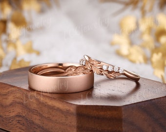 2pc Moissanite Couple Rings Unique Rose Gold Leaf Design Male and Female Wedding Ring Set Diamond His and Hers Wedding Band Rings for Couple Etsy