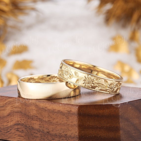 2 anillos de pareja con diseno de girasol inspirados en la naturaleza de oro amarillo unisex de boda de aniversario y promesa personalizados para hombres y mujeres Etsy Espana