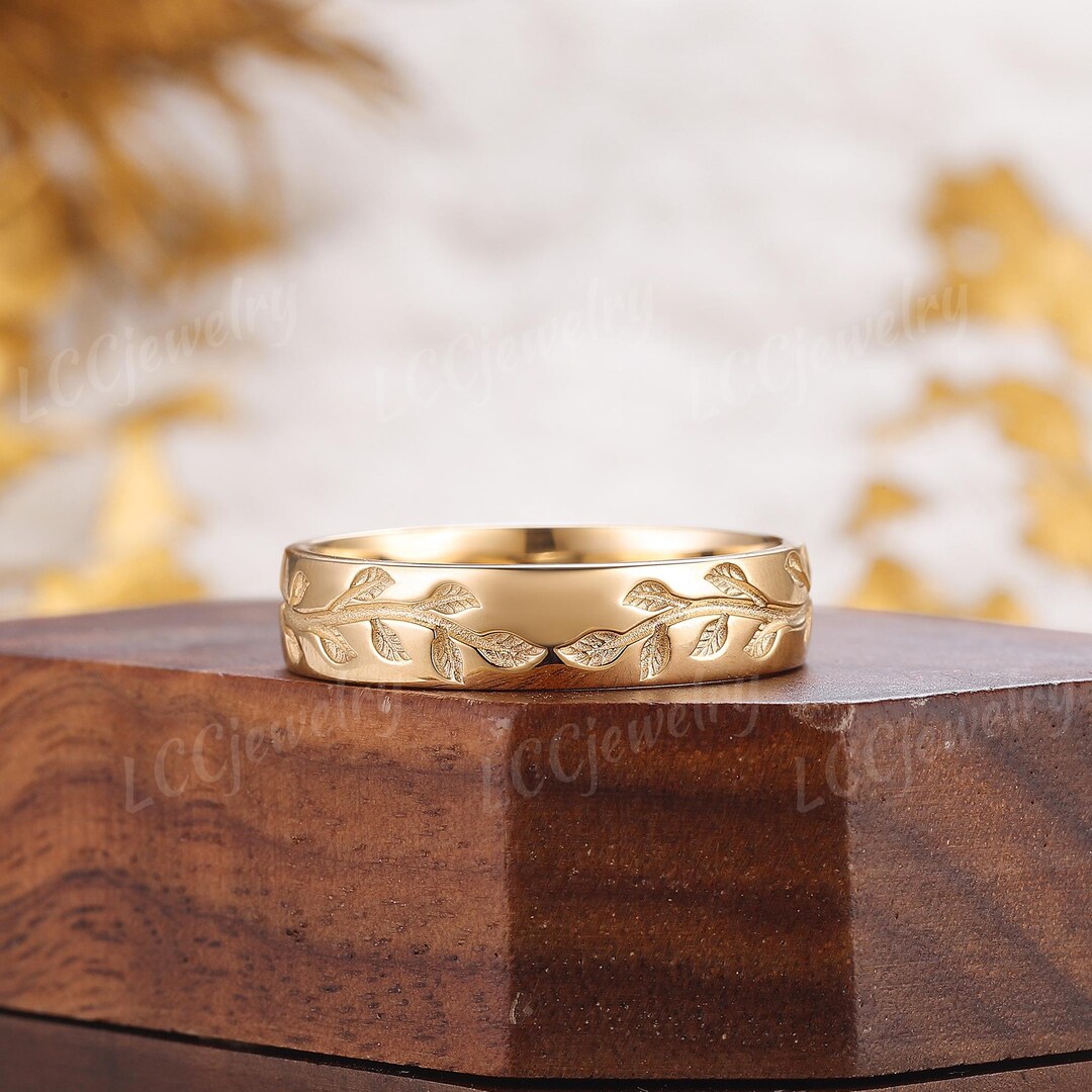 Men's Rings Leaf Pattern Unique Leaf Mens Wedding Band Nature Inspired Yellow Gold Handmade ...