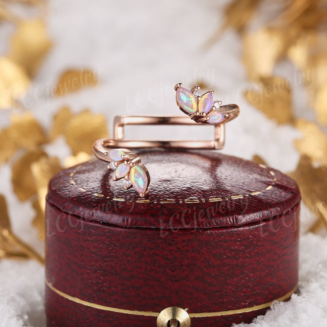 Vintage Opal Leaf Wedding Band Ring Enhancers and Wraps Moissanite