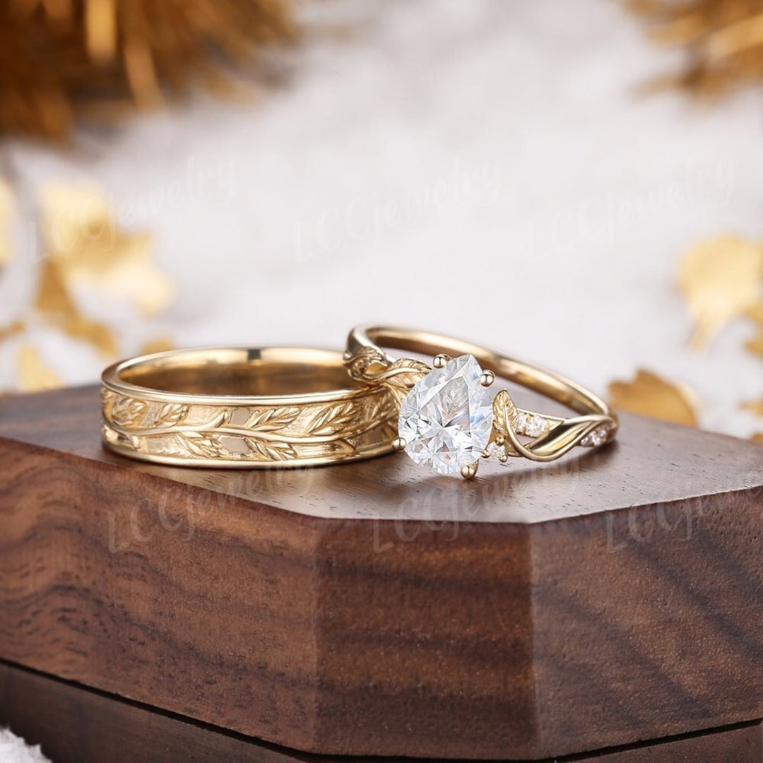 2pcs Couple Rings Set Moissanite Leaf Floral Engagement Rings