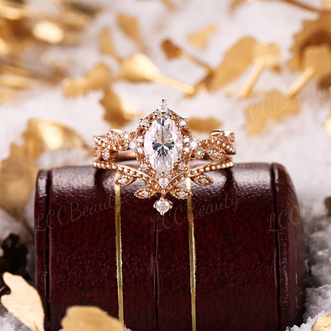 Vintage Moissanite Engagement Ring Set Rose Gold Moissanite Leaf Ring ...