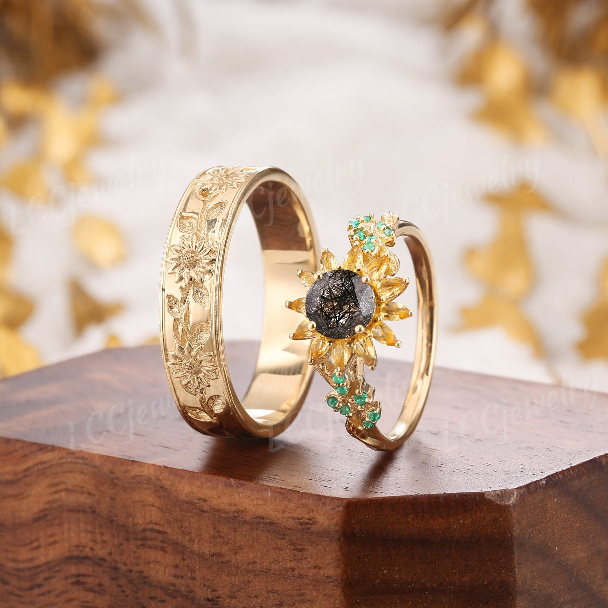 2pc Sunflower Design Couple Rings Black Rutilated Quartz