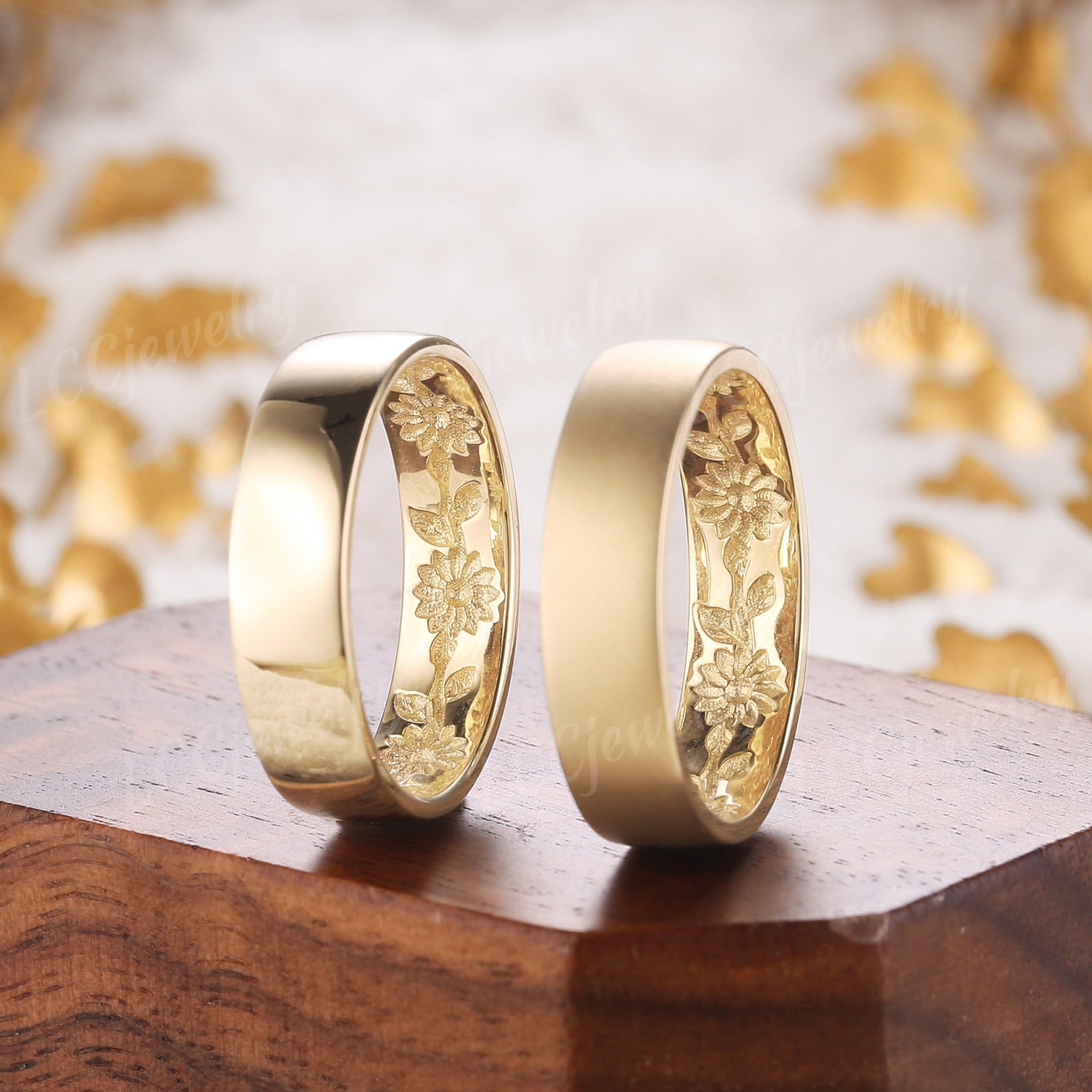 Sunflower Leaf Design Couple Rings, 2pcs Nature Inspired Wedding