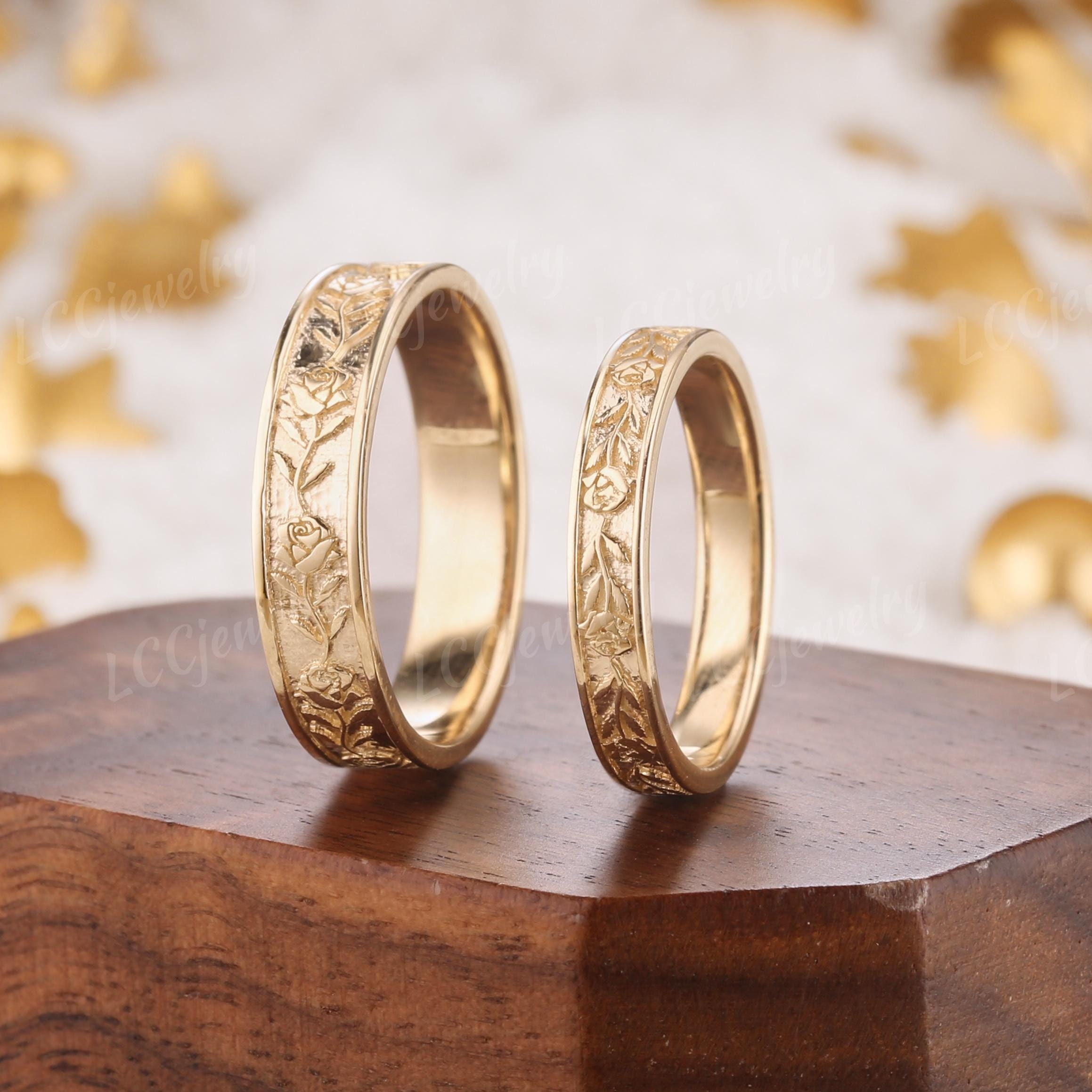 2pcs Rose Couple Rings Set For Men and Women, Yellow Gold Unisex Flower wedding band, Natural Leaf engagement ring set, wedding ring set