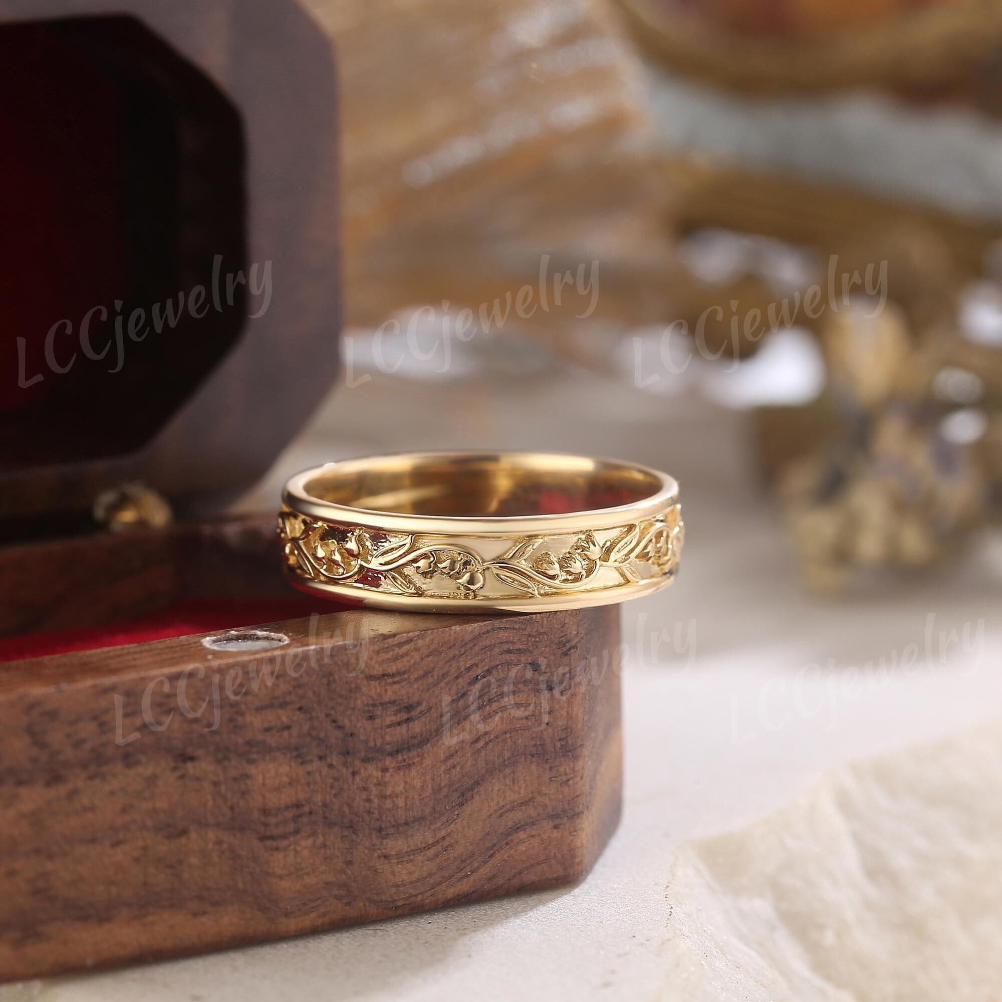 5mm 自然にインスパイアされたスズランデザイン メンズ 結婚指輪 5月の