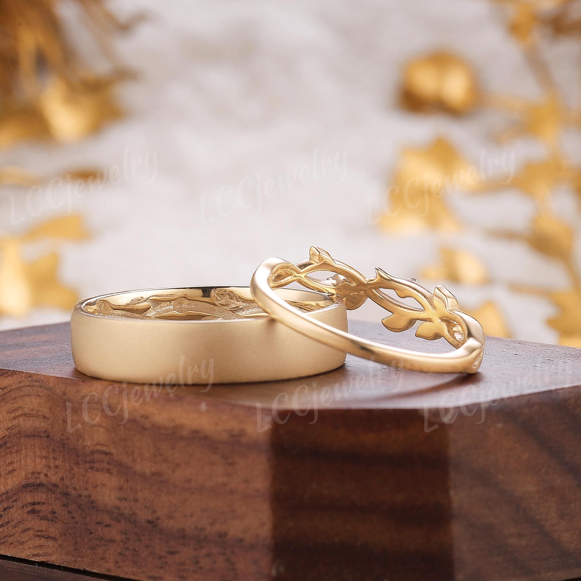 2pcs Couples Ring Set for Men and Women Yellow Gold Leaf Branch