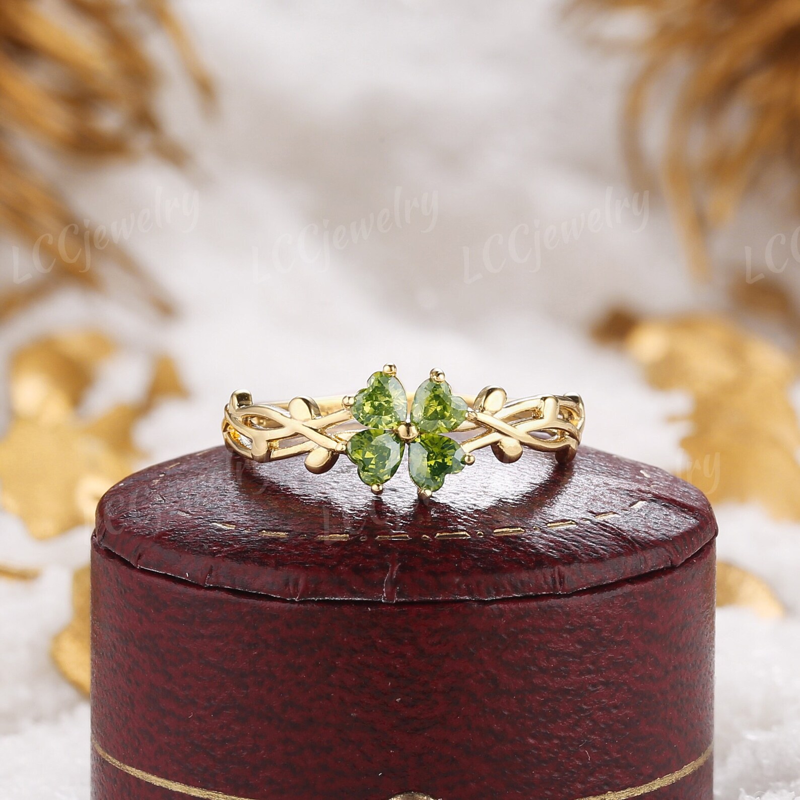 Unique Peridot Lucky Four Clover Engagement Ring Nature Inspired Leaf ...