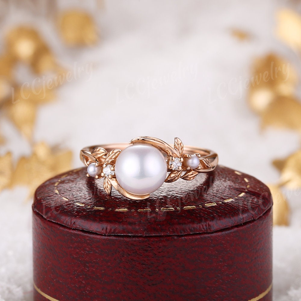 Vintage Akoya Pearl Leaf Floral Engagement Ring Rose Gold Pearl