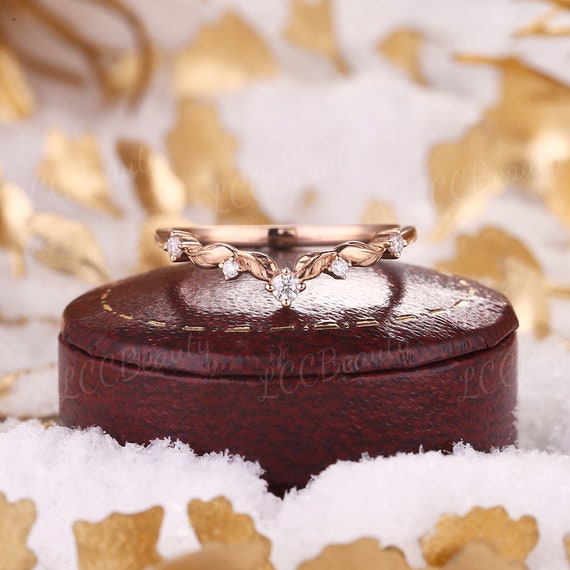 Vintage Purple Sapphire Leaf Wedding Ring Set Rose Gold