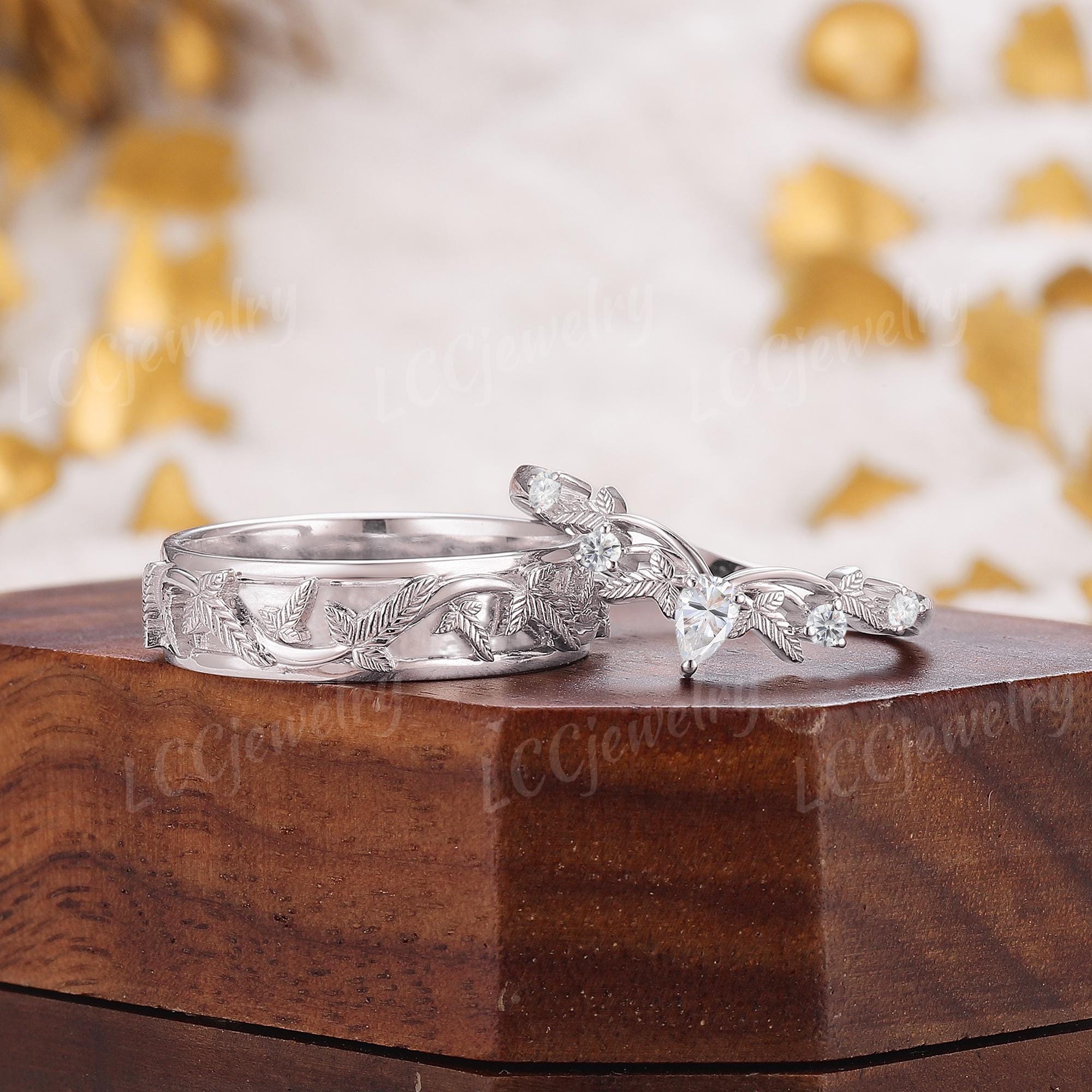 2pcs Lorien Leaf Engraving Couple's Wedding Band, 14k White Gold