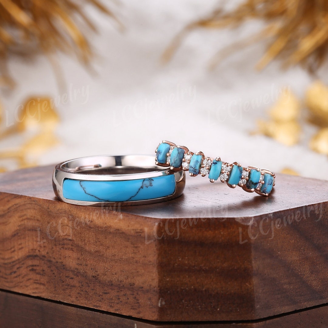 2pc Turquoise Couple Rings Set Unique Nature Inspired Half - Etsy