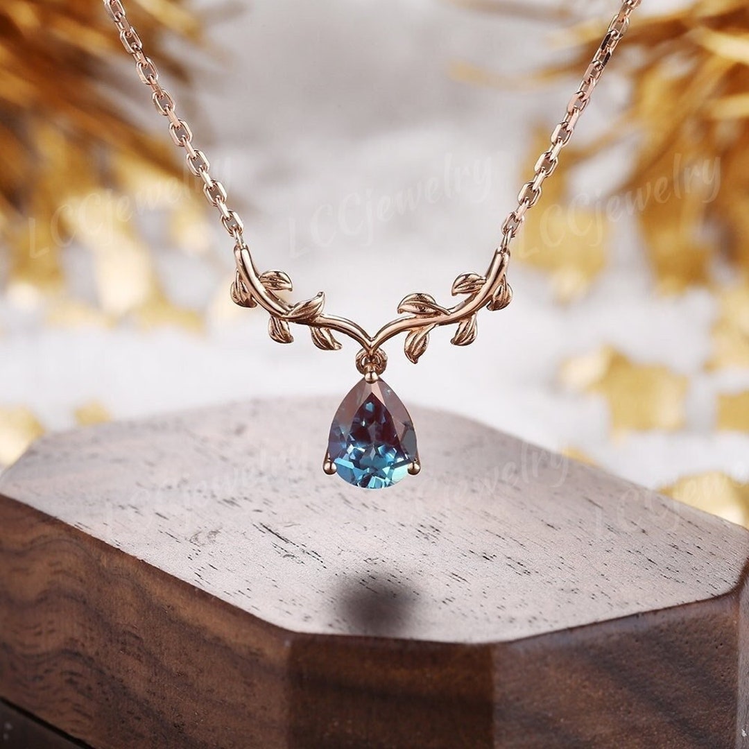 Vintage Alexandrite Spring Leaf Necklace Pendant Women Anniversary