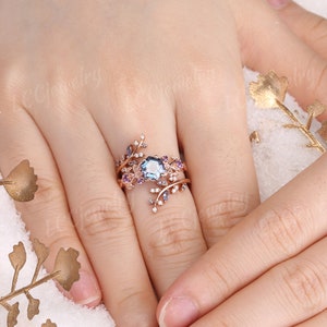 Vintage Alexandrite Floral Engagement Ring Set Rose Gold Alexandrite Wedding Ring Set Leaf Sapphire Enhancer Wedding Band Rings For Women image 5