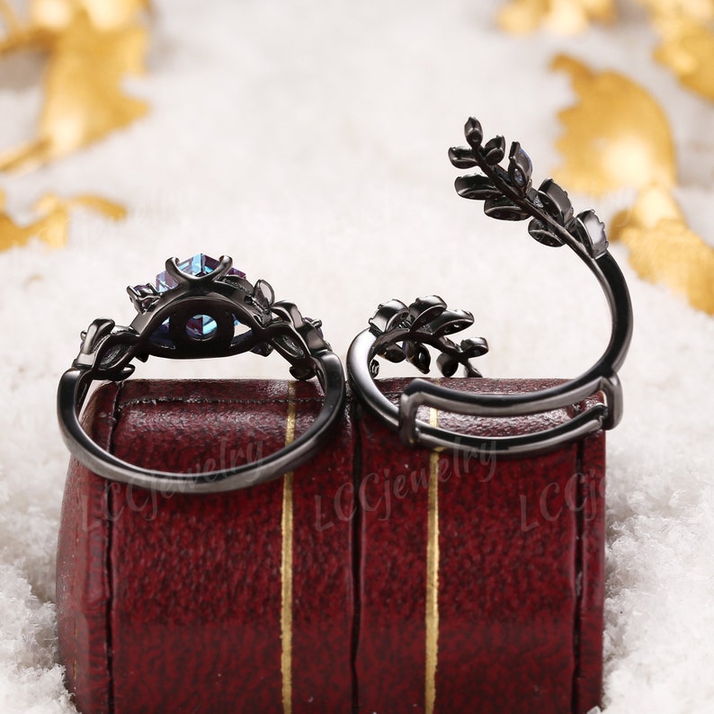 Vintage Alexandrite Floral Engagement Ring Set Gothic Black Gold Amethyst Wedding Ring Leaf Sapphire Enhancer Wedding Band Rings For Women image 9