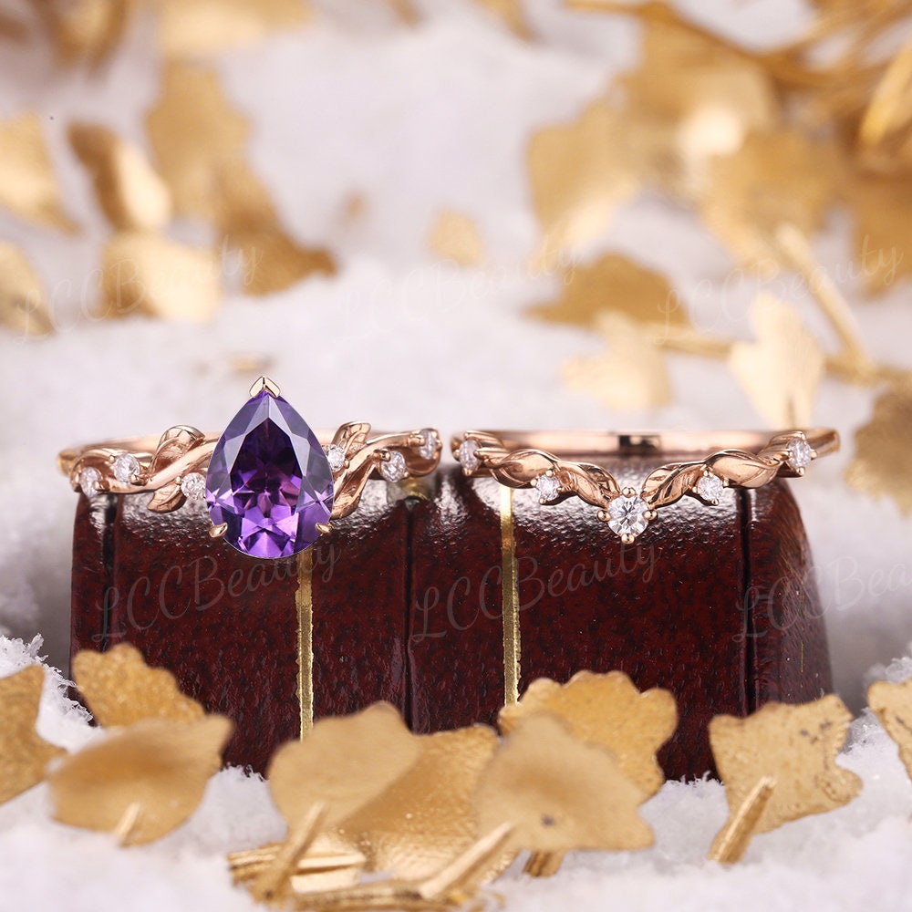 Vintage Purple Sapphire Leaf Wedding Ring Set Rose Gold Vintage Purple Sapphire Leaf Wedding Ring Set Rose Gold