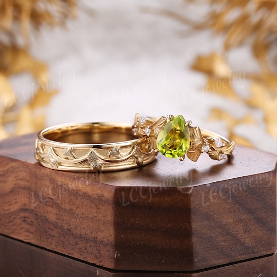 2pcs Ginkgo Leaf Floral Couple Rings Set Yellow Gold Peridot Engagement  Ring Delicate Wedding Band Custom Jewelry Rings For Men And Women
