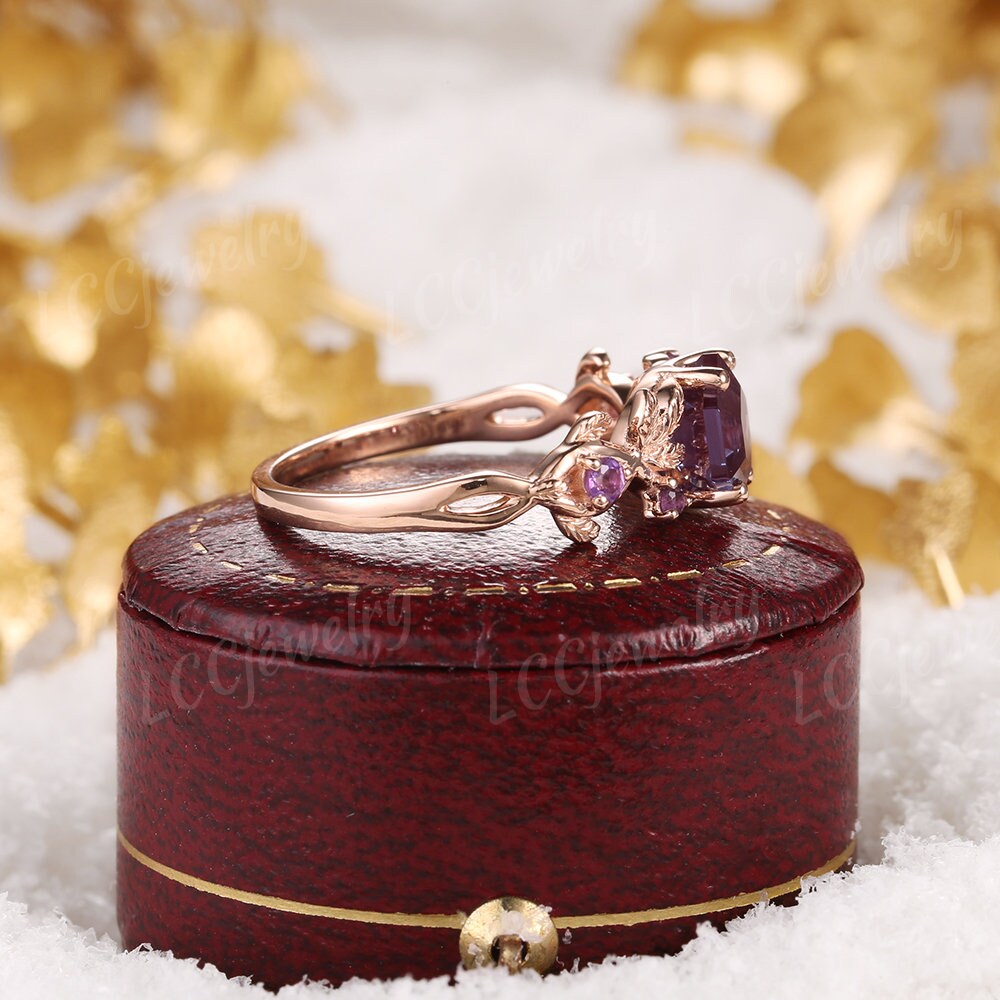 Nature Inspired Hexagon Alexandrite Floral Engagement Ring Leaf