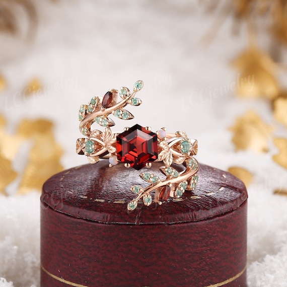 Vintage Hexagon Garnet Floral Engagement Ring Set Rose Gold Green