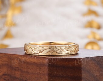 Unique Handmake Carving Leaf Wedding Band Yellow Gold Art