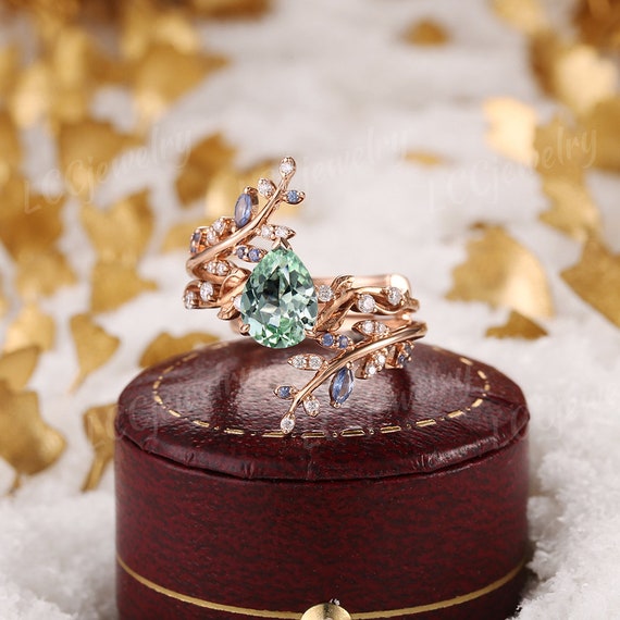 Green Sapphire Engagement Ring | Floral Ring With Diamonds  Green and Gold Floral Ring display picture 1
