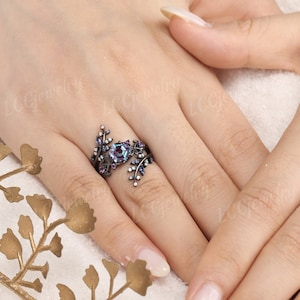 Vintage Alexandrite Floral Engagement Ring Set Gothic Black Gold Amethyst Wedding Ring Leaf Sapphire Enhancer Wedding Band Rings For Women image 7