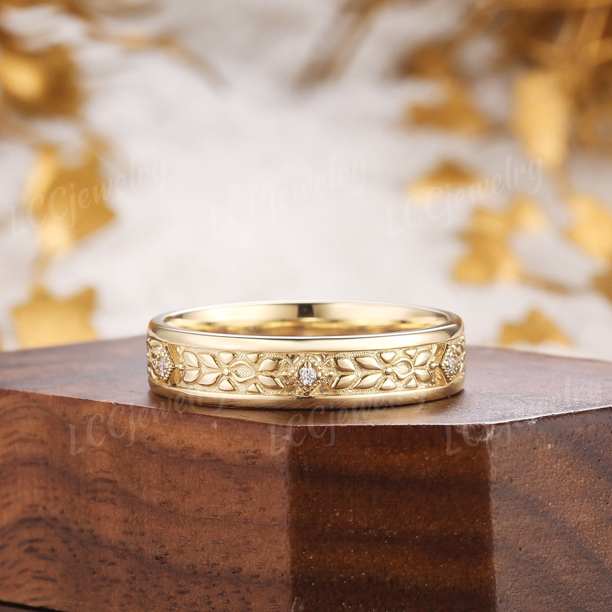 Mens Stackable Rings 5mm Unique Moissanite Mens Wedding Band Yellow Gold Leaf Design ...