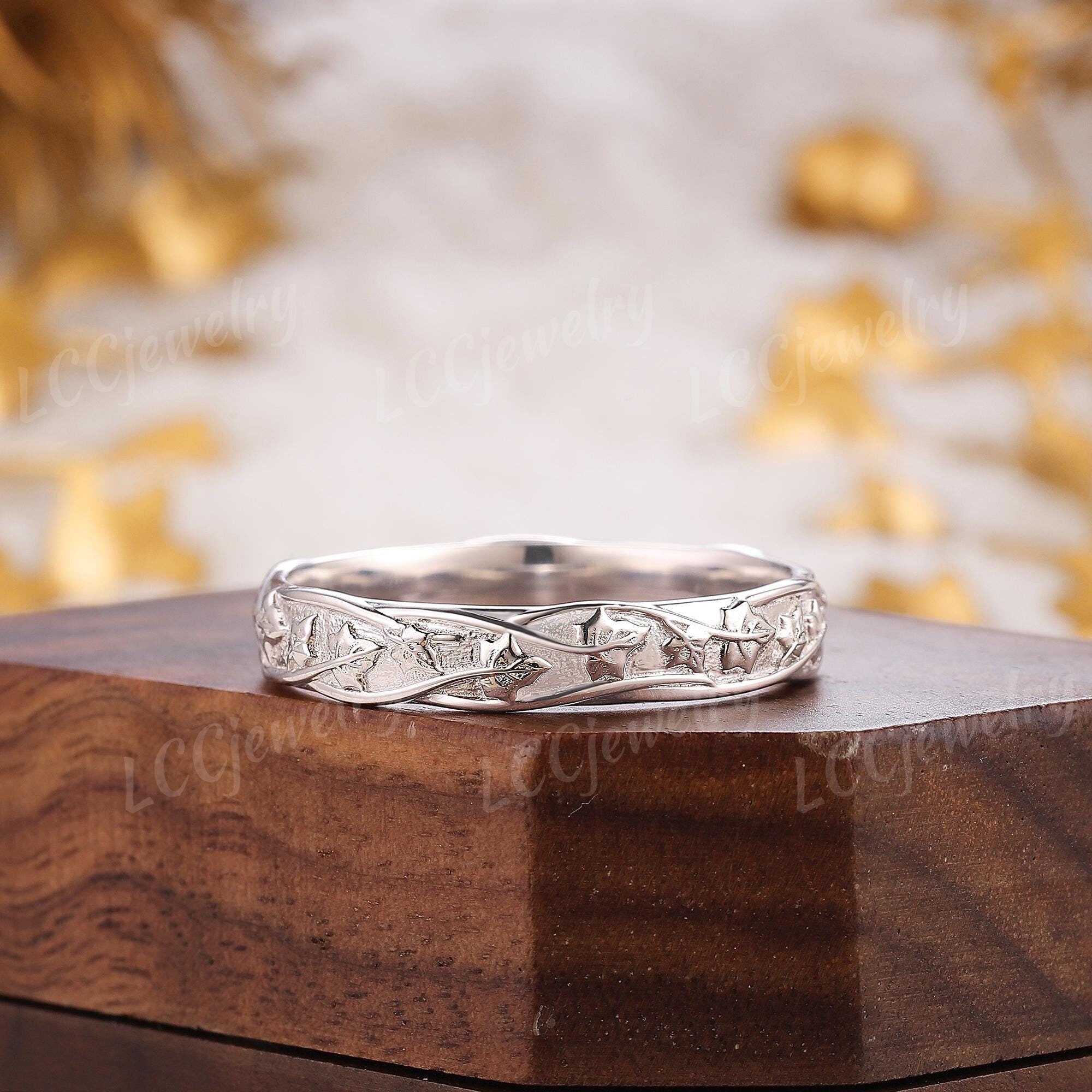 5mm Nature Inspired Ivy Leaf Mens Engagement Ring Unique White Gold His And Her Wedding Band Custom Handmake Anniversary Rings For Him