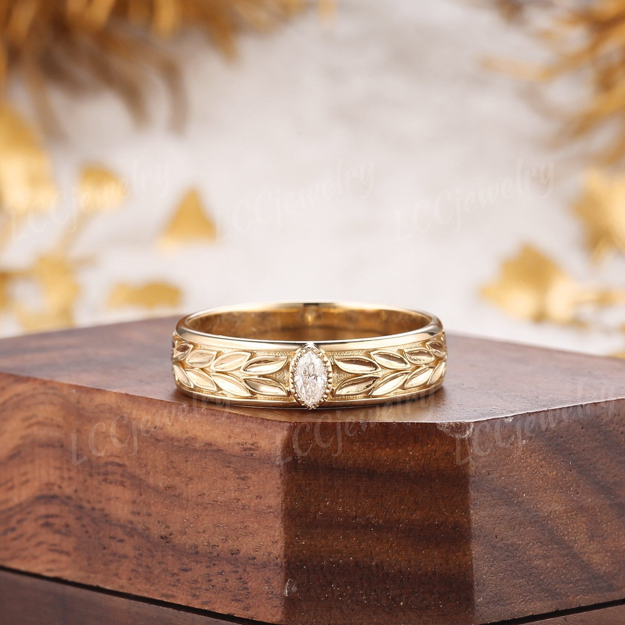 5.5mm Vintage Marquise Moissanite Wedding Band Gold Stacking Matching Engagement Rings Olive Leaf Handmake Jewelry Promise Rings For Men