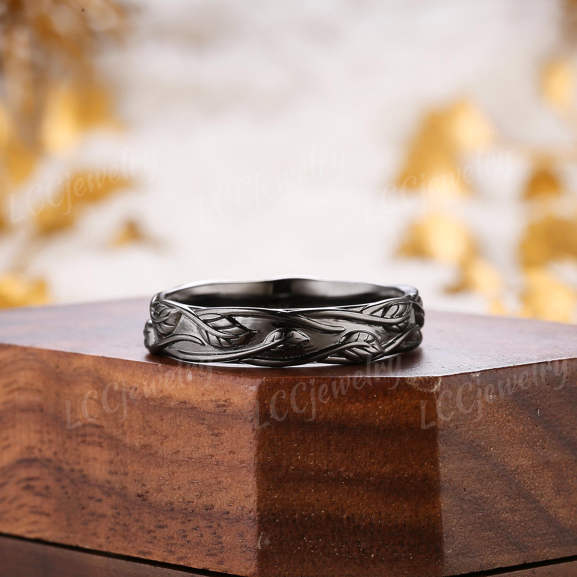 自然にインスパイアされたブラックゴールドメンズリーフ結婚指輪