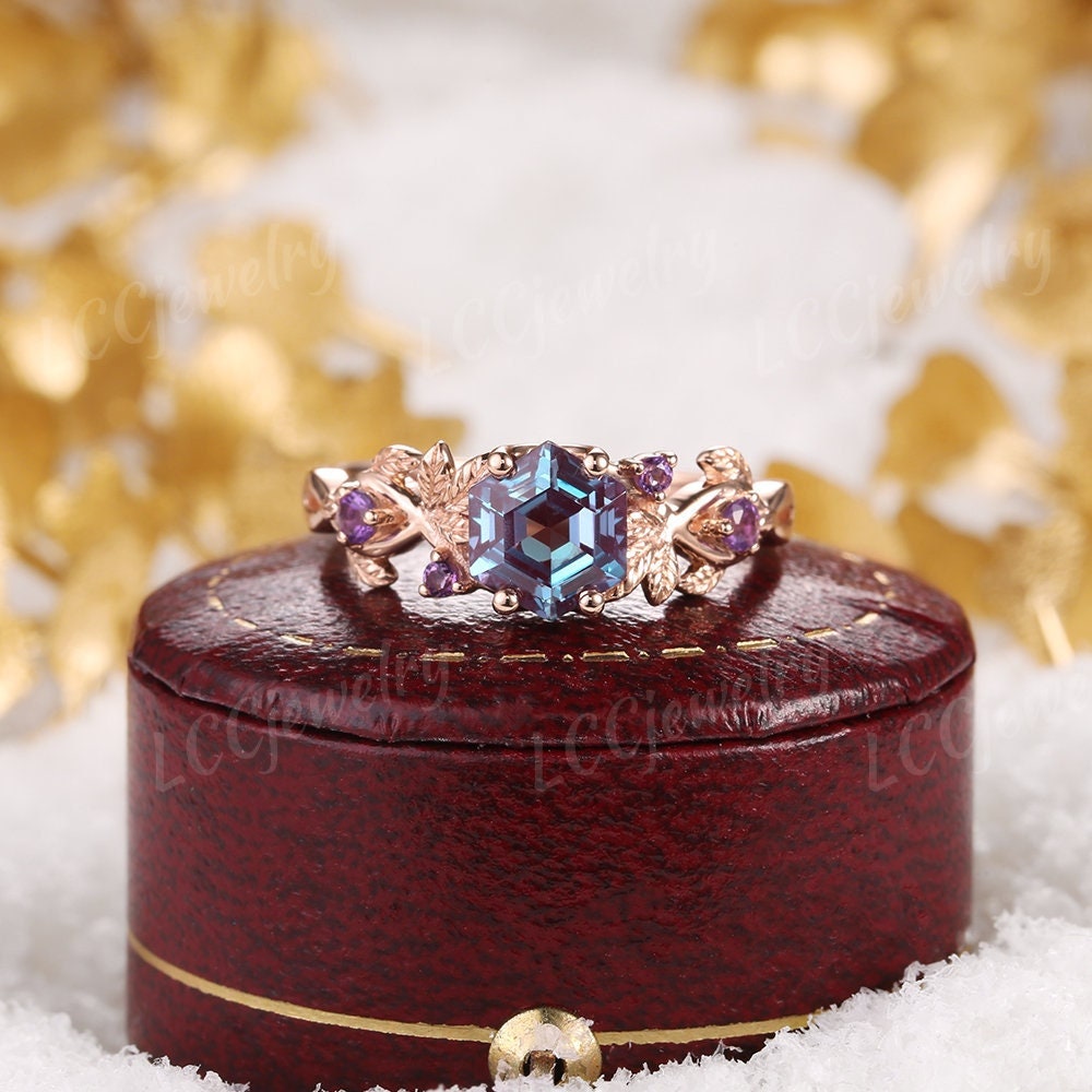 Nature Inspired Hexagon Alexandrite Floral Engagement Ring Leaf